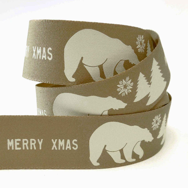 Merry Xmas Polar Bear Ribbon - Oatmeal - Berisfords - 25mm