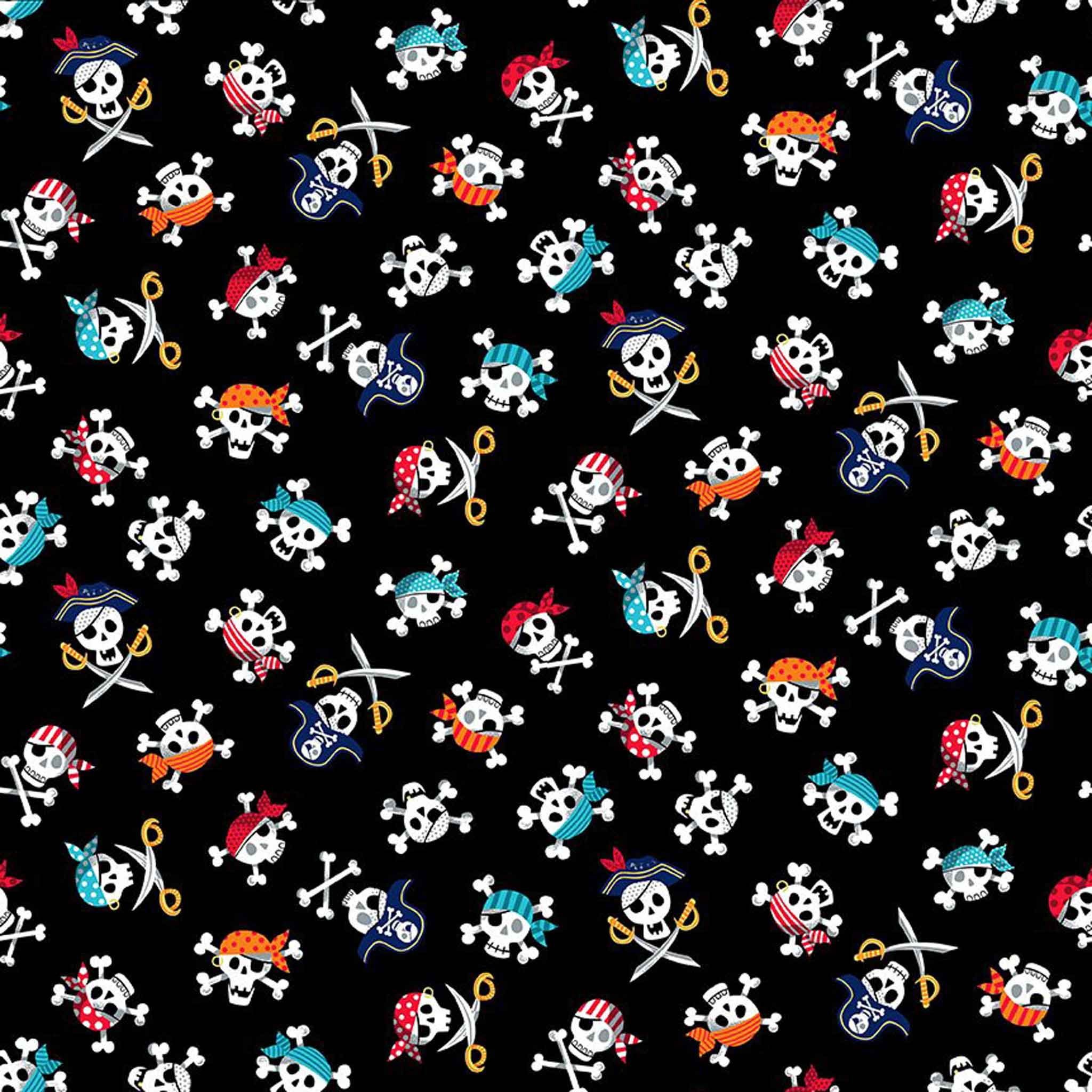 Pirate Skulls Cotton Fabric - Black - Makower 2431/X - Pirates Collection