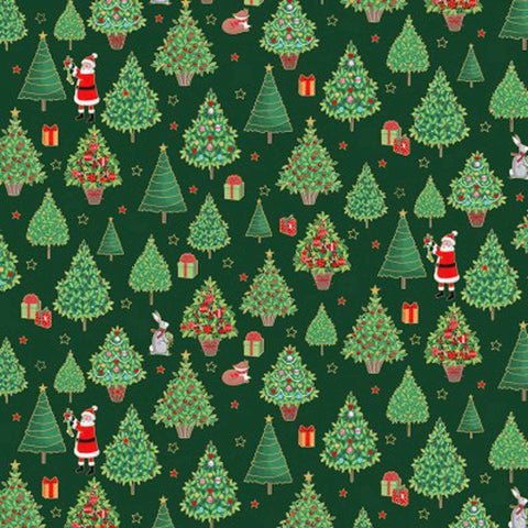 Christmas Trees Cotton Fabric - Green - Gold Metallic - Makower 2481/G - Merry Christmas