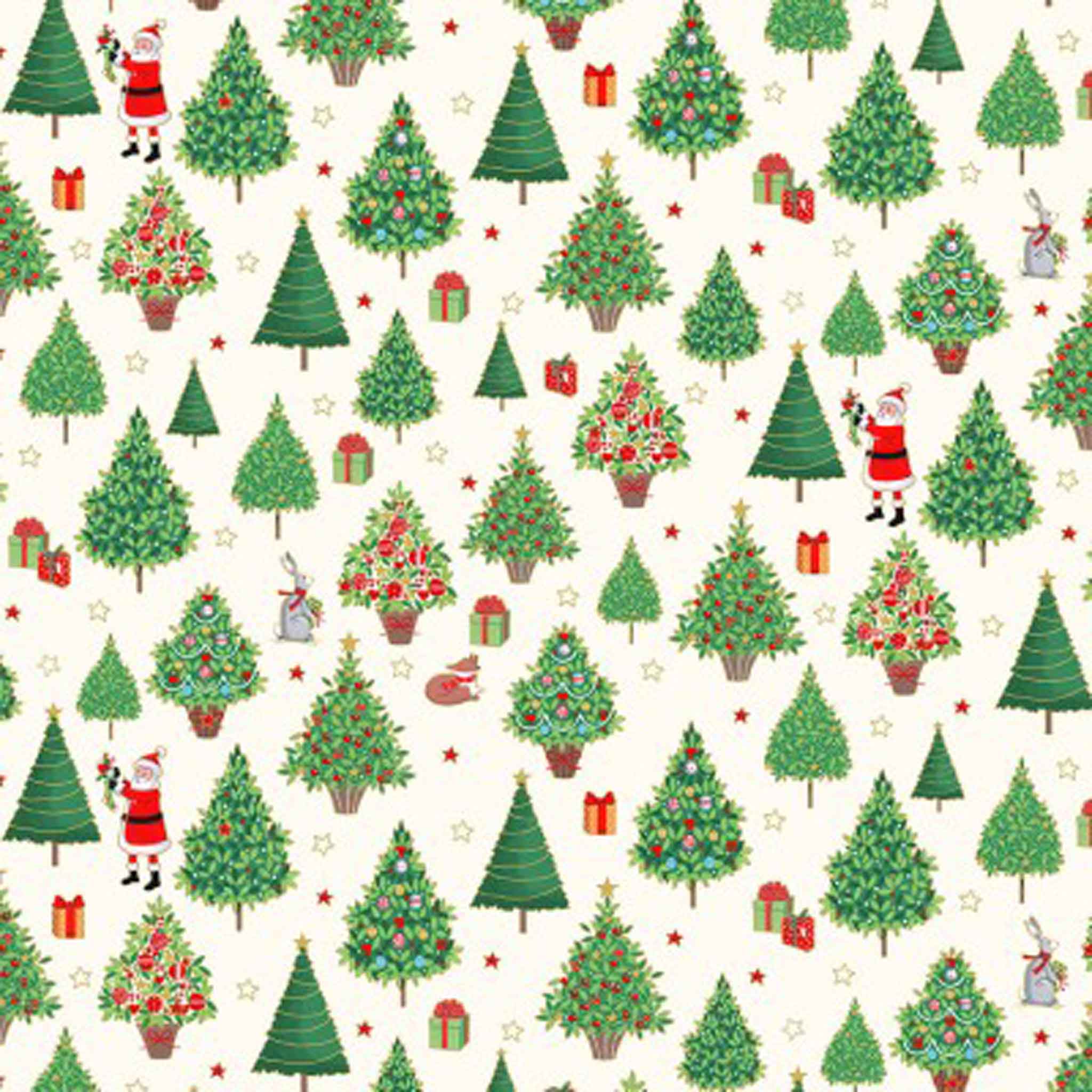 Christmas Trees Cotton Fabric - Cream - Gold Metallic - Makower 2481/Q - Merry Christmas