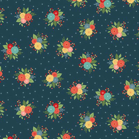 Posy Floral Cotton Fabric - Blue - Makower 2509/B - Amelia Collection