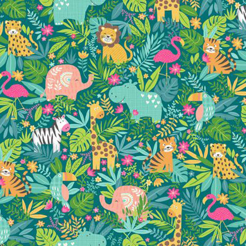 Jungle Scenic Cotton Fabric - Pink - Makower 2601/P - In The Jungle