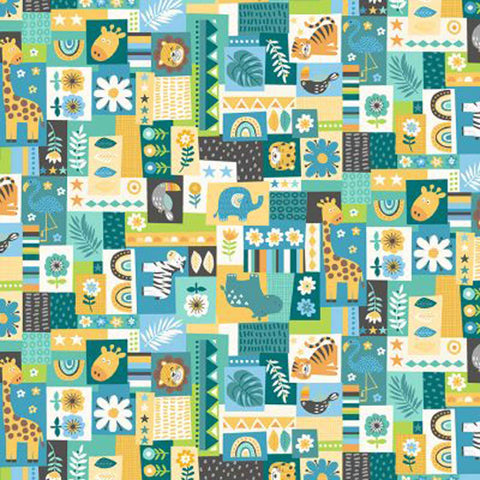 Jungle Montage Cotton Fabric - Blue - Makower 2604/B - In The Jungle