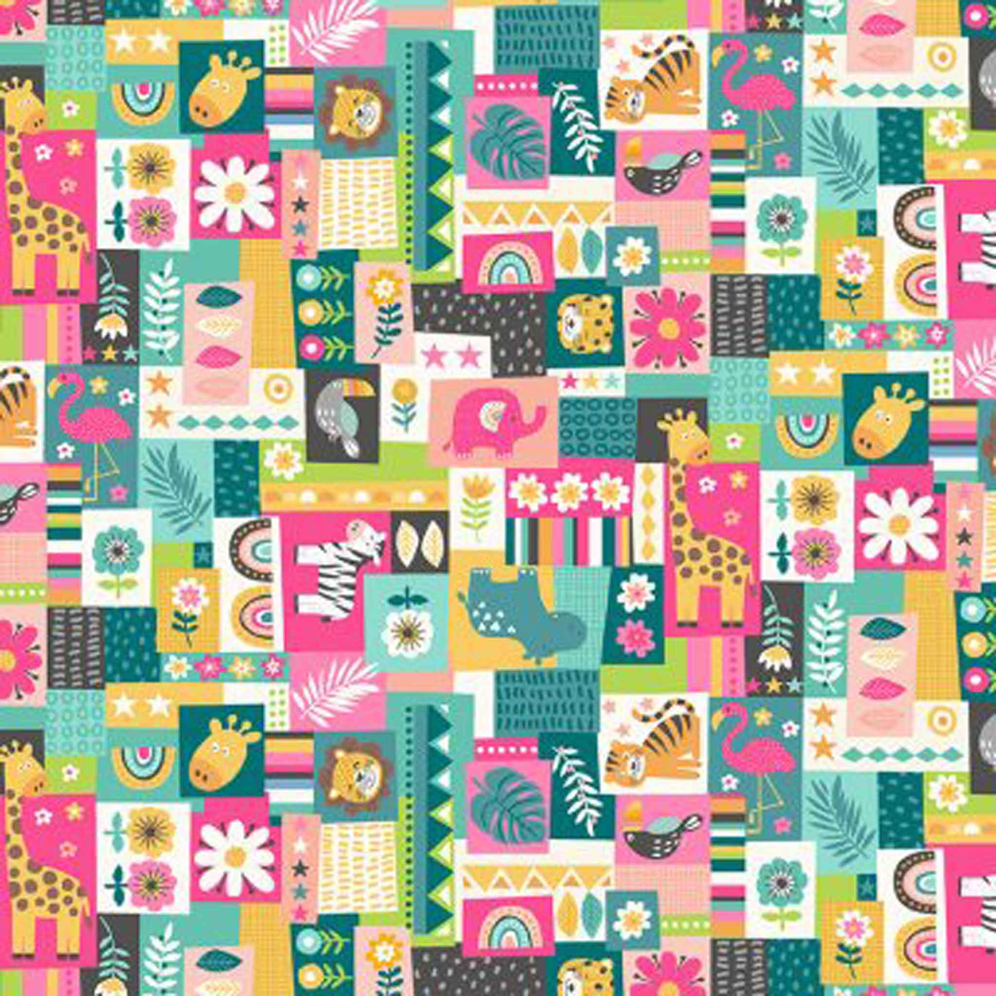 Jungle Montage Cotton Fabric - Pink - Makower 2604/P - In The Jungle