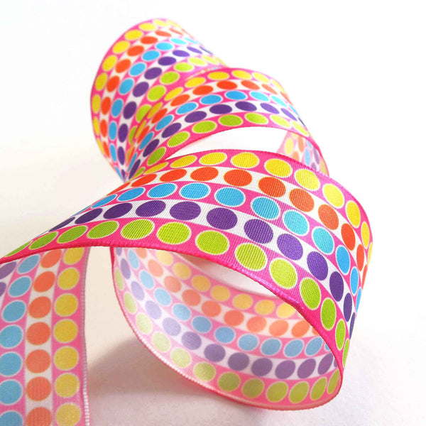 Wired Multicoloured Polka Dot Ribbon - Pois Multico - Pink - 40mm