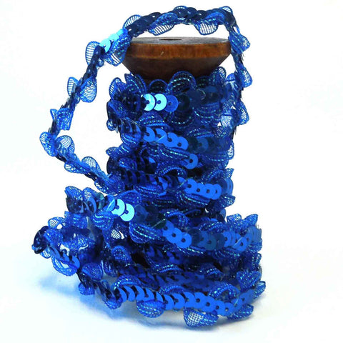 15mm Sequins and Organza Trim - Blue - Wooden Spool - 2 Metres