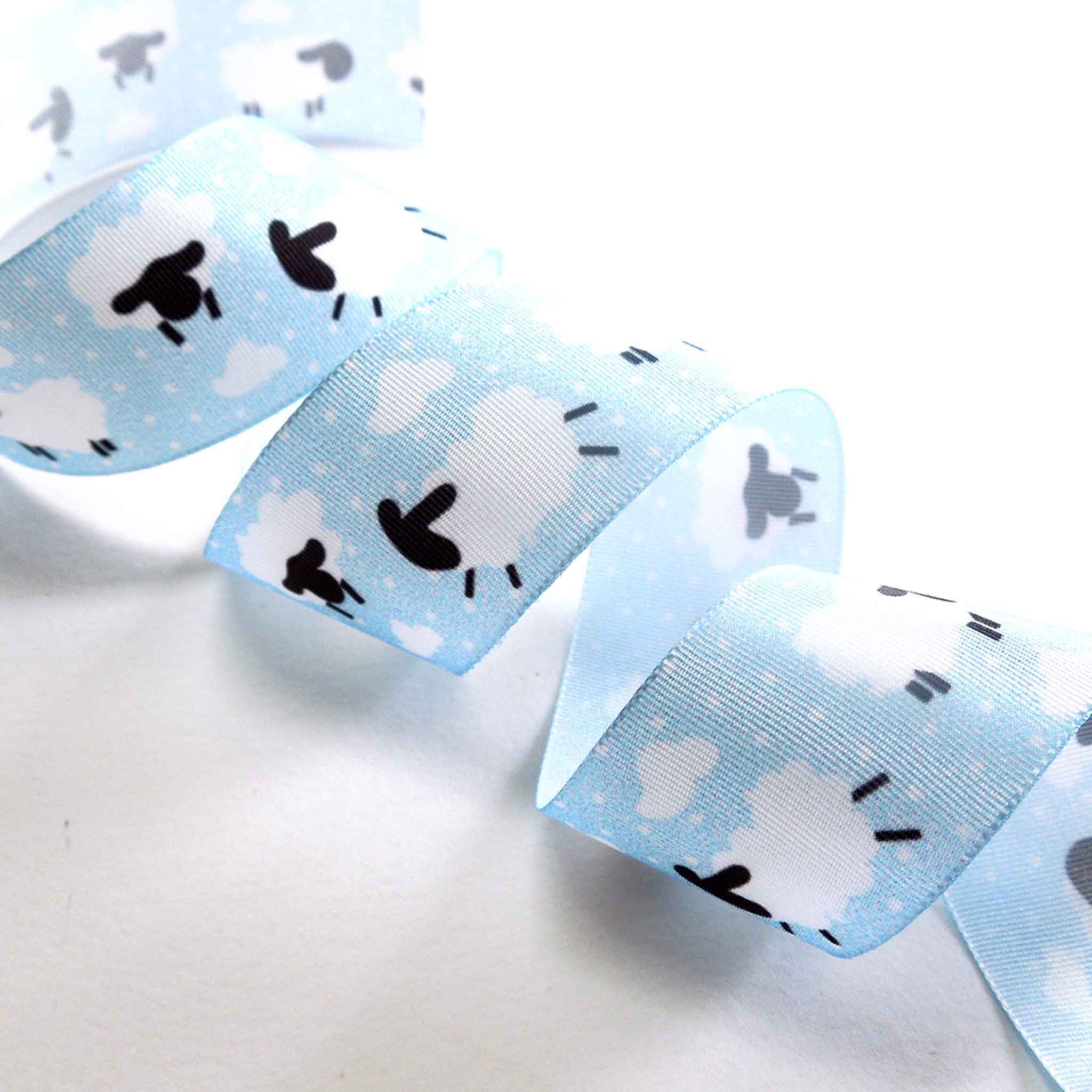 25mm White Sheep and Cloud Blue Taffeta Ribbon
