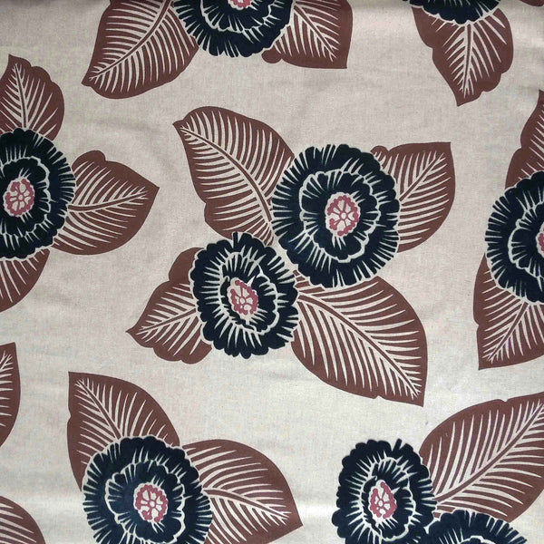Large Blue Floral Pattern on Natural - Furnishing Fabric .
