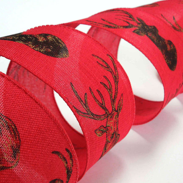 63mm Red Christmas Stag's Head - Wired Ribbon
