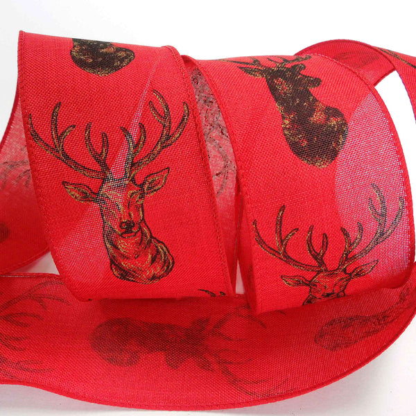 63mm Red Christmas Stag's Head - Wired Ribbon