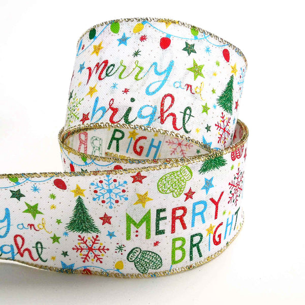 63mm Merry and Bright Xmas Glitter - Wired Ribbon