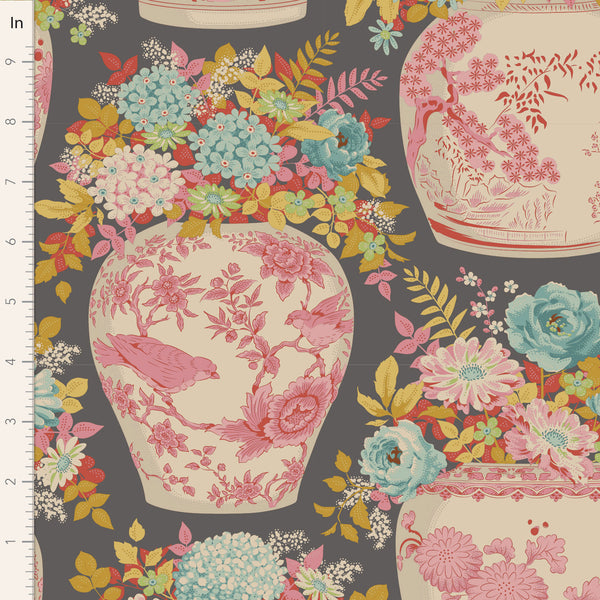 Tilda Flower Vase Cotton Fabric - Grey - Chic Escape Collection - Tilda 100452