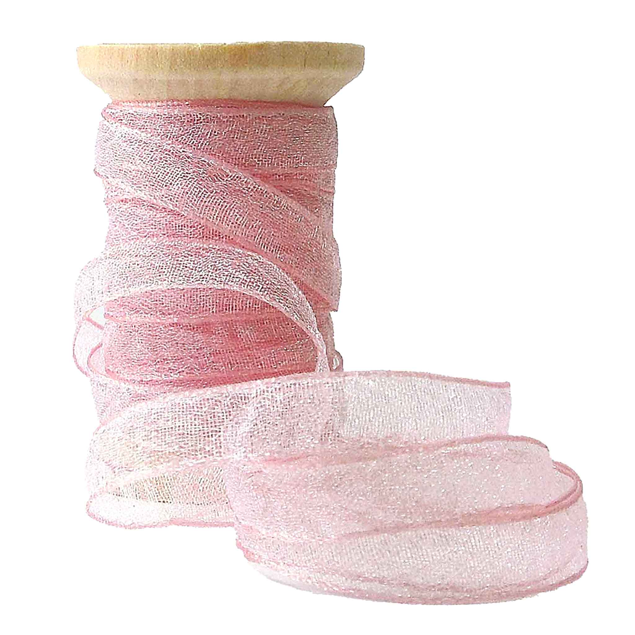 7mm Chiffon Sparkle Ribbon on Wooden Bobbin - Pink - 8 Metres