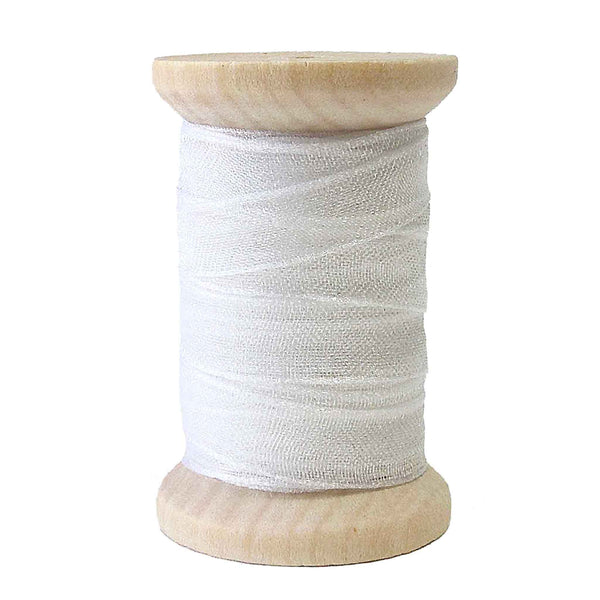 7mm Chiffon Sparkle Ribbon on Wooden Bobbin - White - 8 Metres