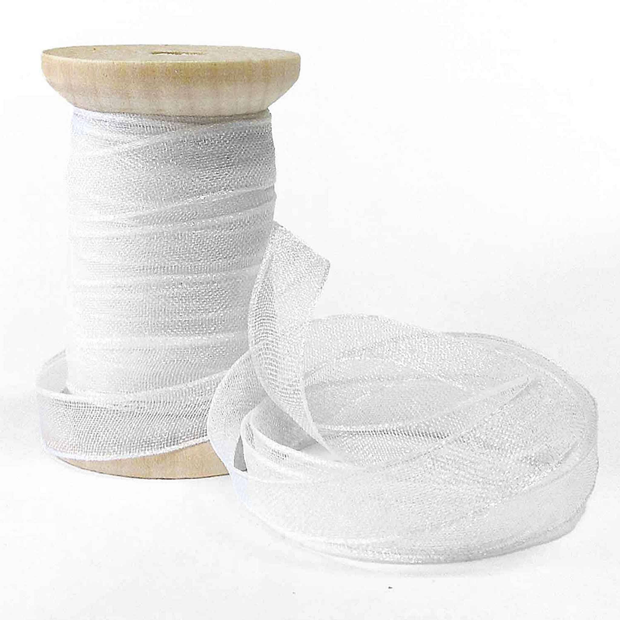 7mm Chiffon Sparkle Ribbon on Wooden Bobbin - White - 8 Metres