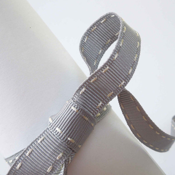 15mm Stitched Grosgrain Ribbon - Grey and Ivory - Berisfords