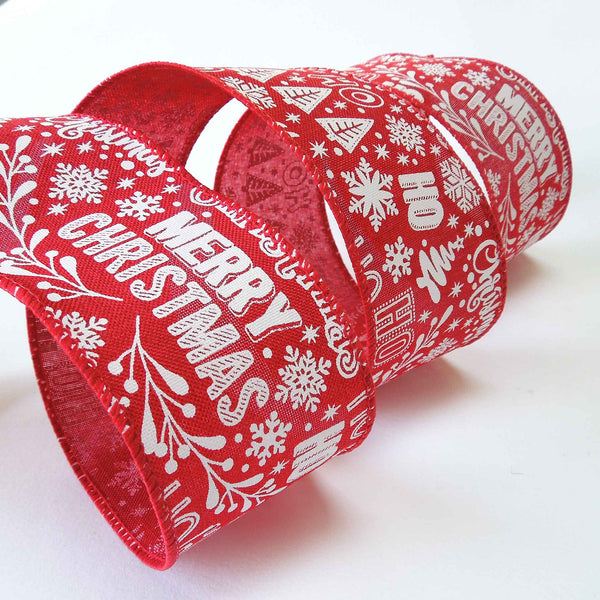 63mm Red Merry Christmas Ho Ho Ho - Wired Ribbon