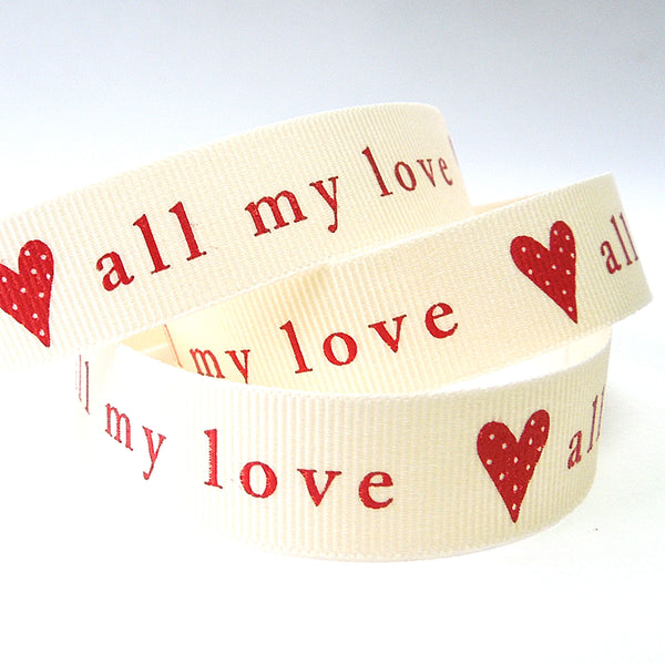 15mm all my love Grosgrain Ribbon - Natural and Red - Berisfords