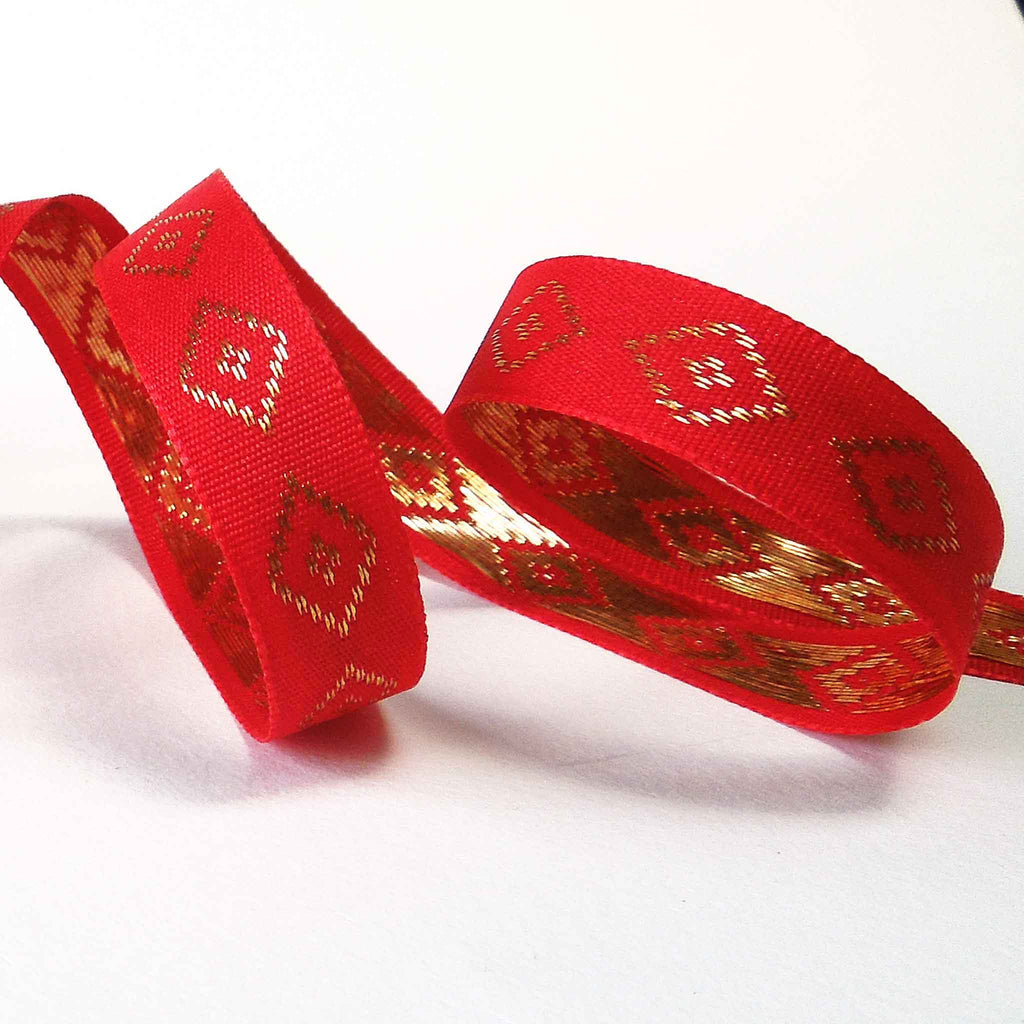 Diamond Pattern Ribbons 15mm Gold Metallic Diamond Ribbon - Red - Berisfords – Fabric and Ribbon