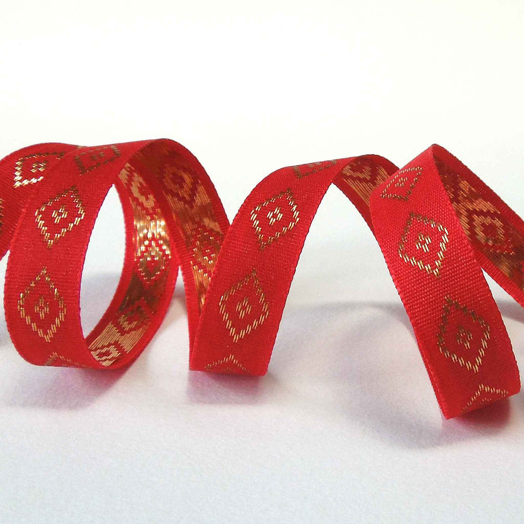 Diamond Pattern Ribbons 15mm Gold Metallic Diamond Ribbon - Red - Berisfords – Fabric and Ribbon