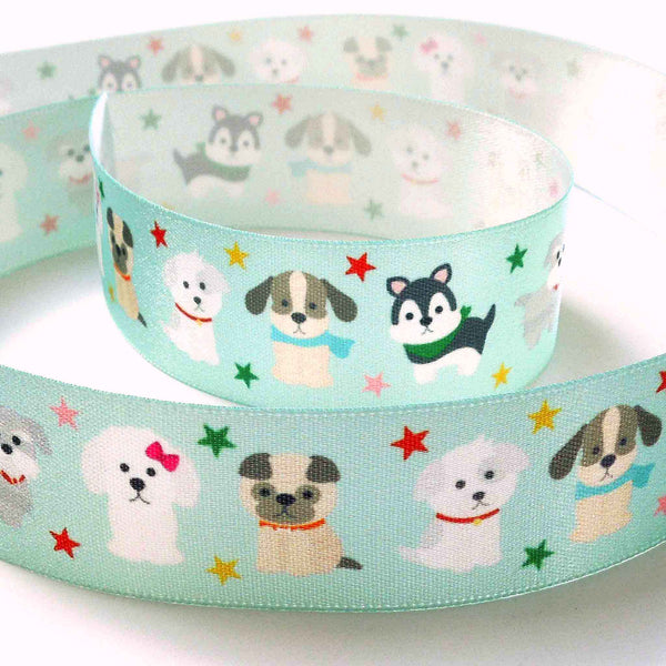 25mm Puppies on Blue Satin Ribbon by Berisfords