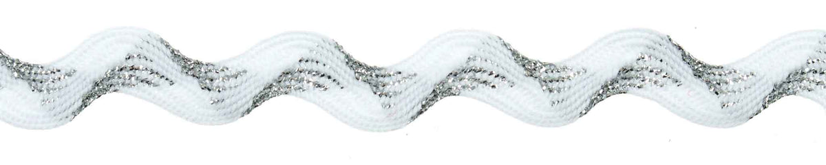 10mm Metallic Ric Rac - White and Silver - Essential Trimmings – Fabric ...