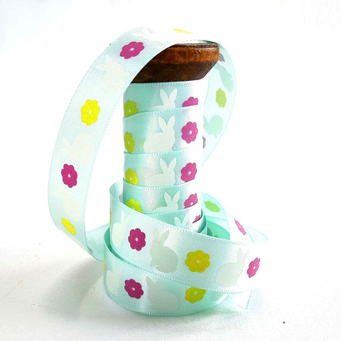 15mm Easter Bunnies and Flowers Satin Ribbon - Wooden Spool - 3 metres