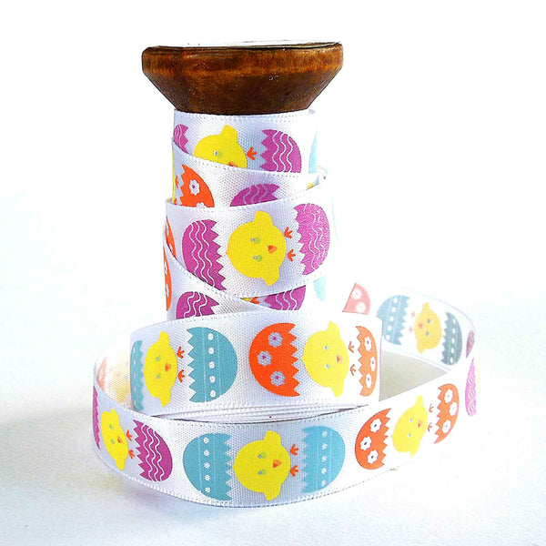 15mm Purple Easter Egg and Chicks Satin Ribbon - Wooden Spool - 3 metres