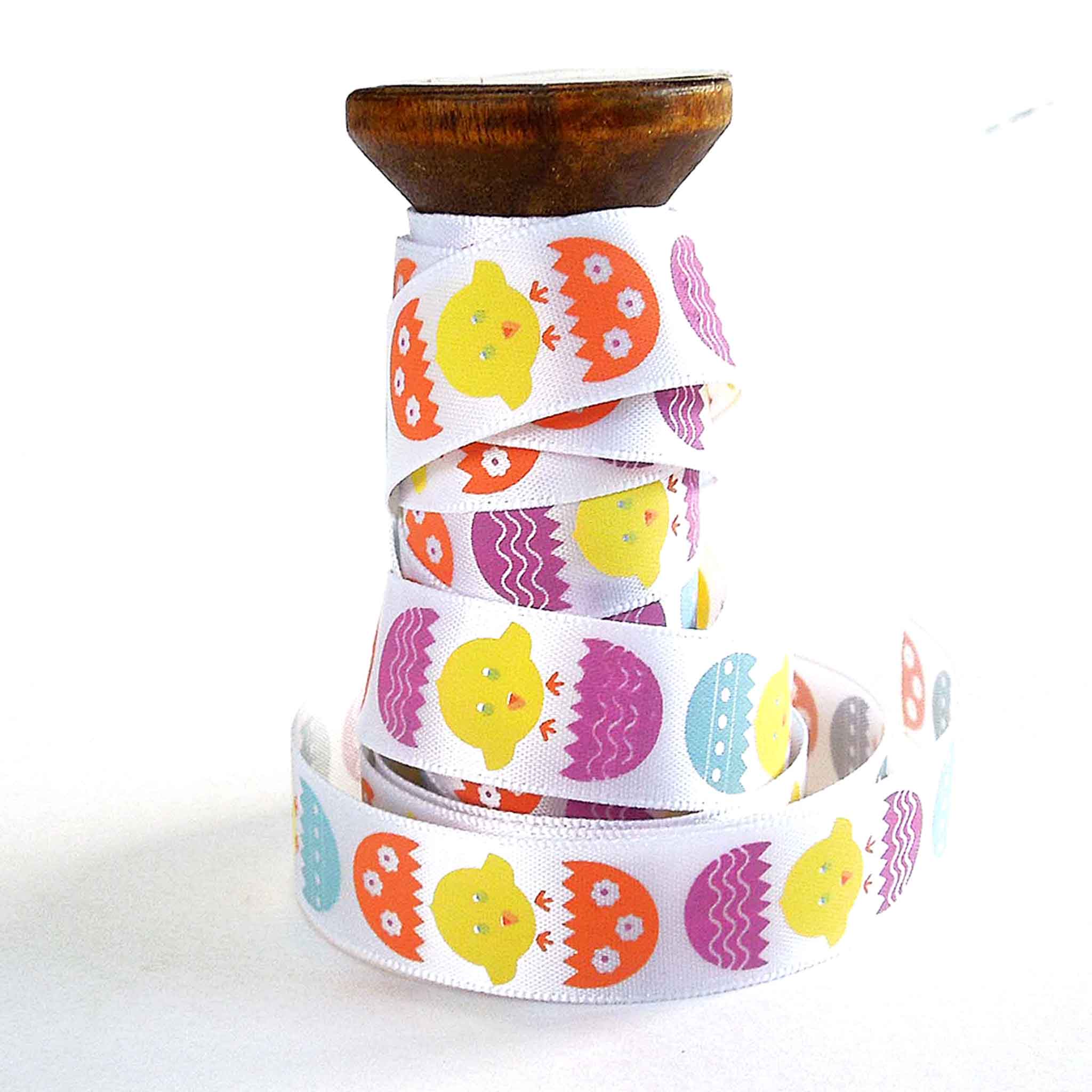 15mm Purple Easter Egg and Chicks Satin Ribbon - Wooden Spool - 3 metres