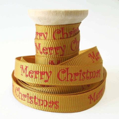 10mm Gold Merry Christmas Grosgrain Ribbon on Wooden Bobbin - 2 Metres