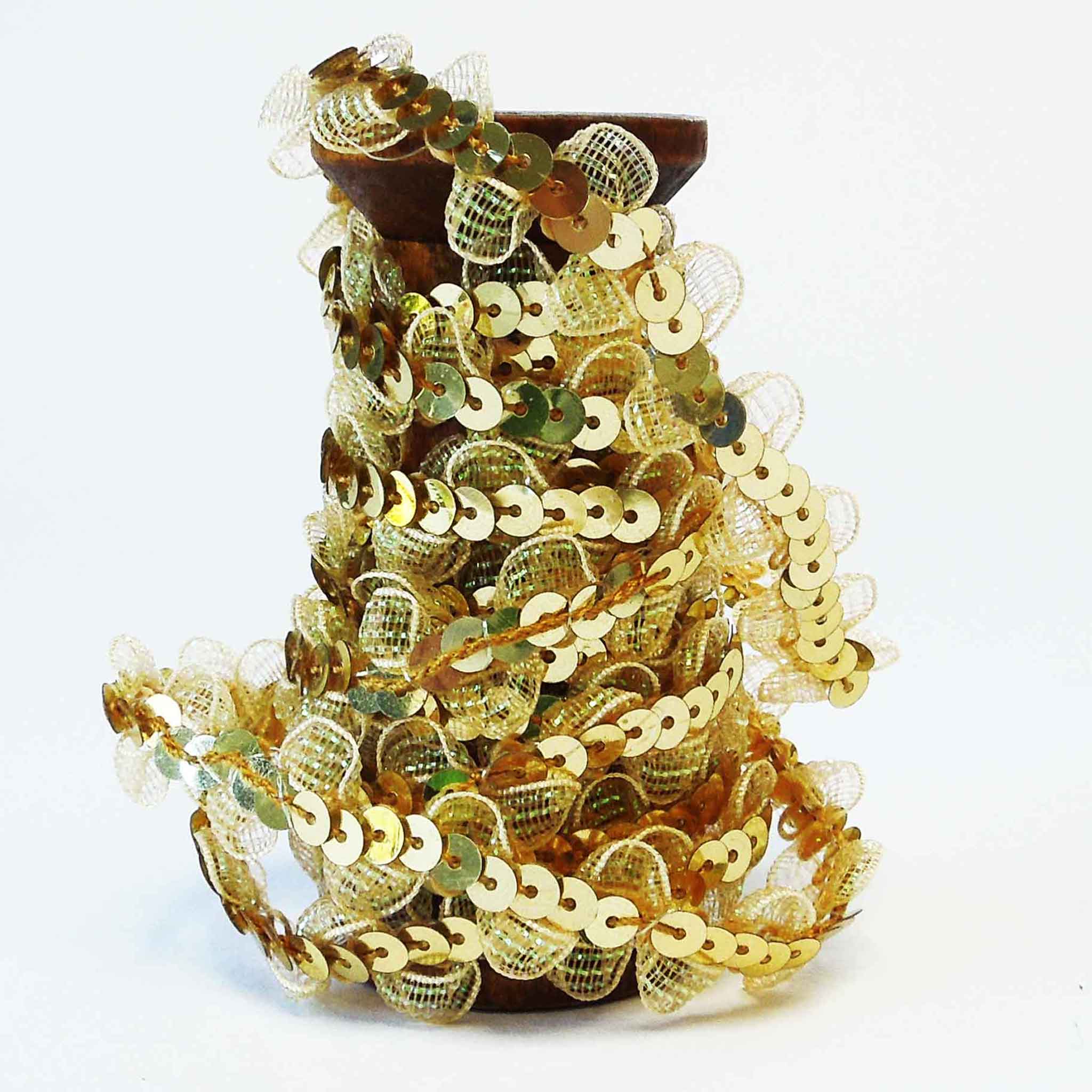 15mm Sequins and Organza Trim - Gold - Wooden Spool - 2 Metres