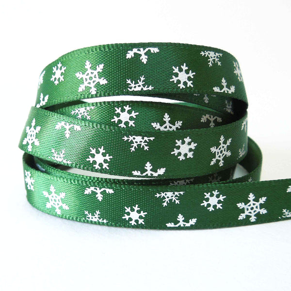10mm Green Small Christmas Snowflake Satin Ribbon - 3 metres