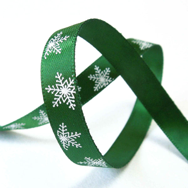 10mm Green Large Christmas Snowflake Satin Ribbon - 3 metres
