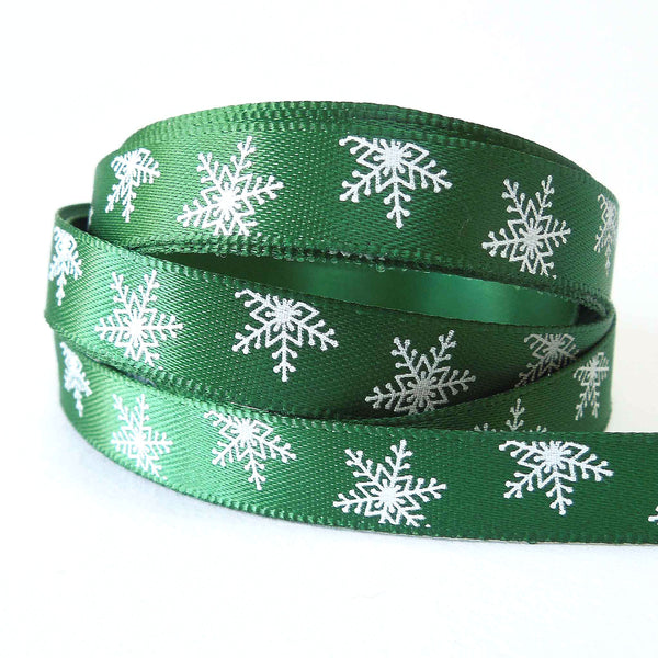 10mm Green Large Christmas Snowflake Satin Ribbon - 3 metres