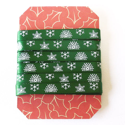 10mm Green Mixed Christmas Snowflake Satin Ribbon - 3 metres