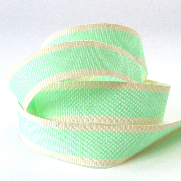 15mm Green and Cream Striped Ribbon