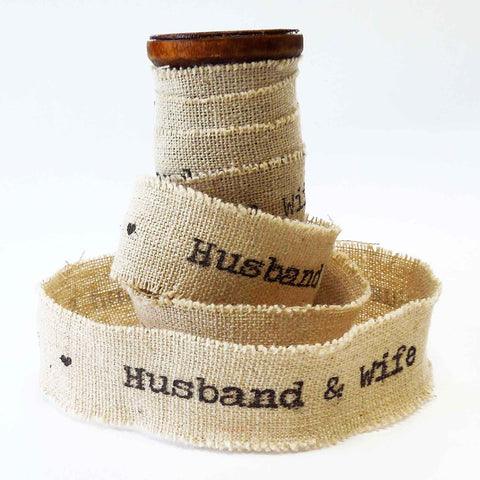 22mm Husband & Wife Wedding Ribbon - Frayed Edge Linen and Cotton - Wooden Spool - 3 Metres