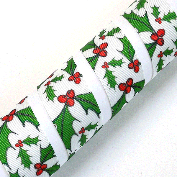 25mm Christmas Holly Berry Ribbon - White - Berisfords