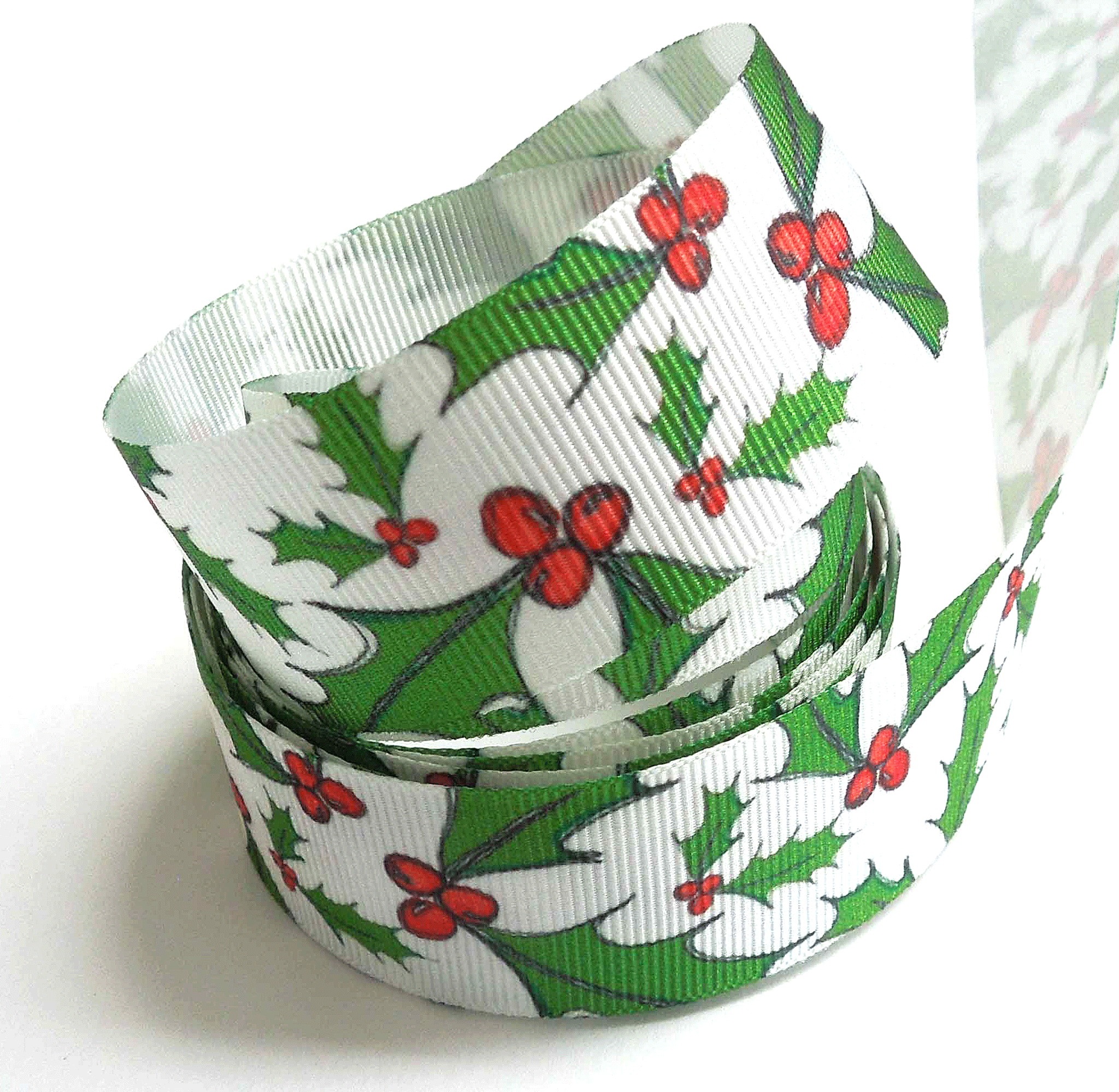 25mm Christmas Holly Berry Ribbon - White - Berisfords