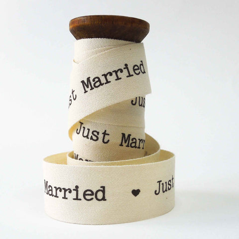 22mm Wedding - Just Married - Cream Cotton Ribbon - Wooden Spool - 3 Metres