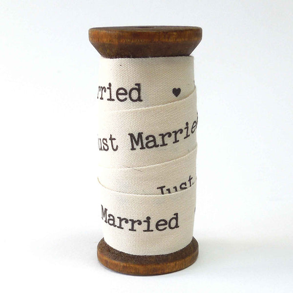 22mm Wedding - Just Married - Cream Cotton Ribbon - Wooden Spool - 3 Metres