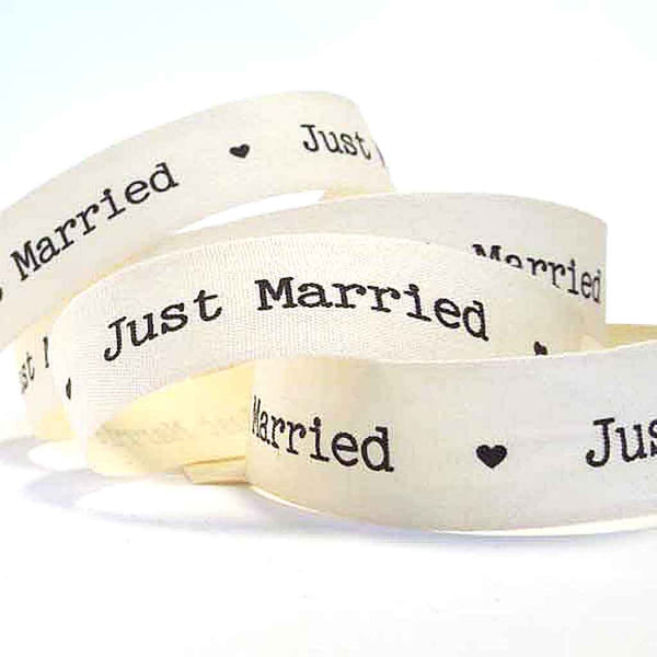 22mm Wedding - Just Married - Cream Cotton Ribbon - Wooden Spool - 3 Metres