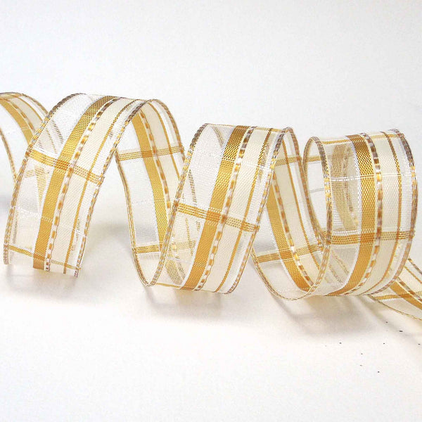 25mm Cream and Gold Plaid Sheer Wired Ribbon