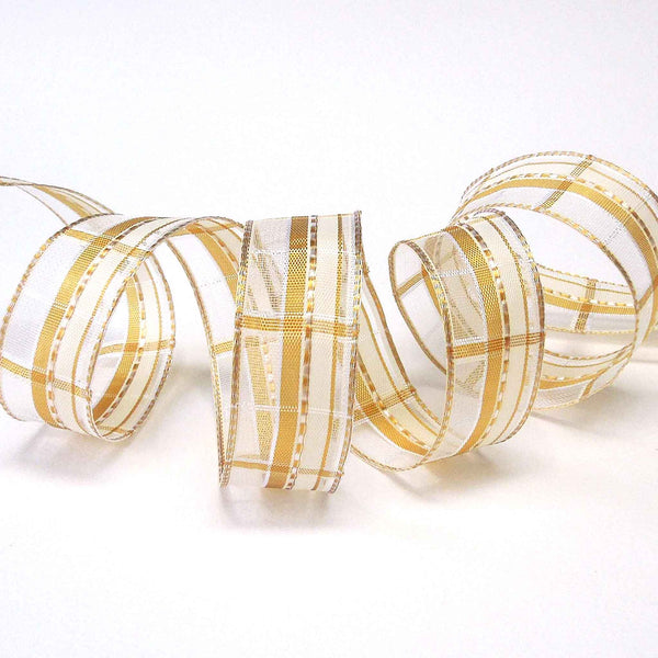 25mm Cream and Gold Plaid Sheer Wired Ribbon