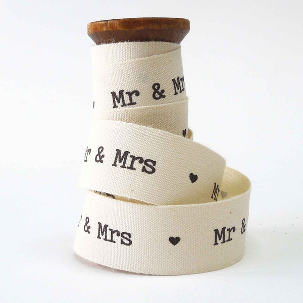 22mm Wedding - Mr & Mrs - Cream Cotton Ribbon - Wooden Spool - 3 Metres