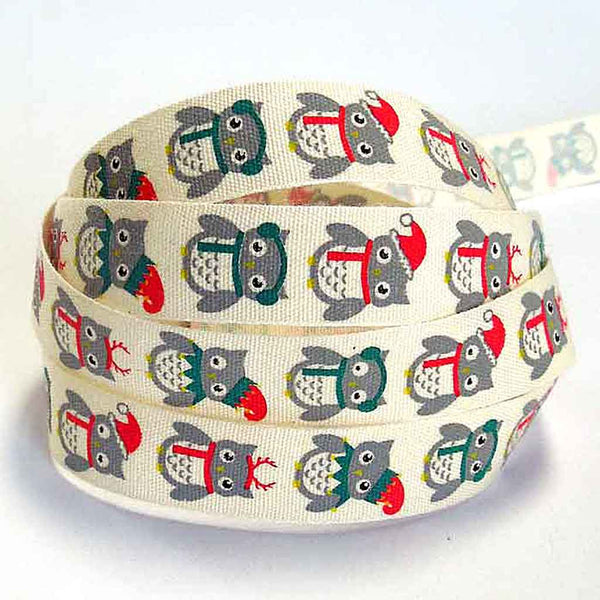 15mm Christmas Owls, Hats and Scarves Cotton Ribbon