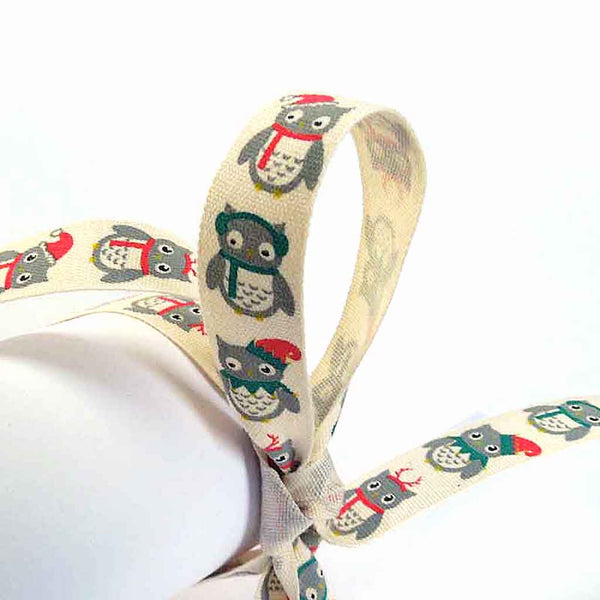 15mm Christmas Owls, Hats and Scarves Cotton Ribbon