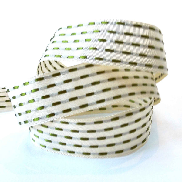 25mm Parallel Stitch Ribbon - Ivory and Cypress Green - Berisfords
