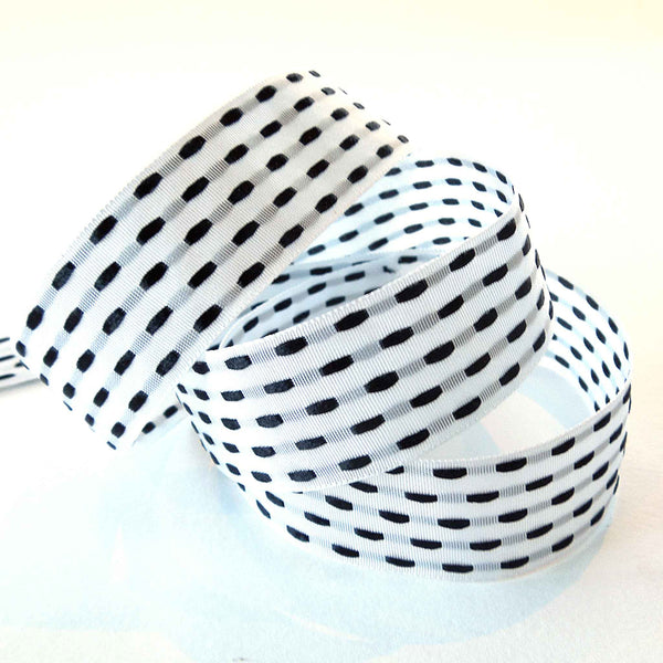 25mm Parallel Stitch Ribbon - White and Black - Berisfords