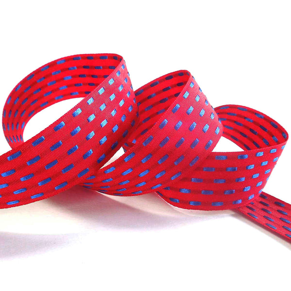 25mm Parallel Stitch Ribbon - Scarlet and Royal - Berisfords